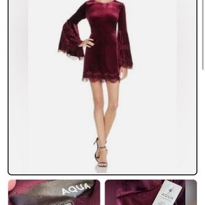 Aqua Deep Red Velvet Long Sleeve Dress